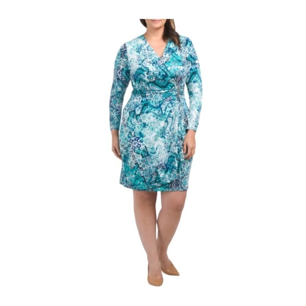 Calvin Klein Womens Blue Green Print V Neck Faux Wrap Sheath Dress Sz 18W New